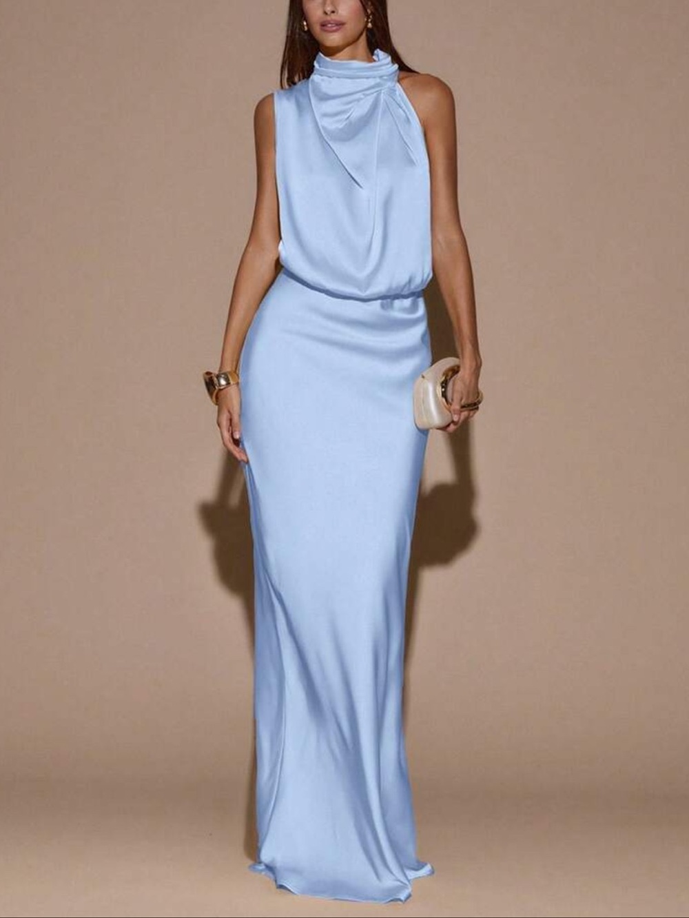 Elegant Satin Halter Evening Dress in Light Blue